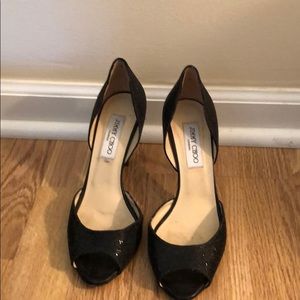 Jimmy Choo 3 inch black sparkle heels.